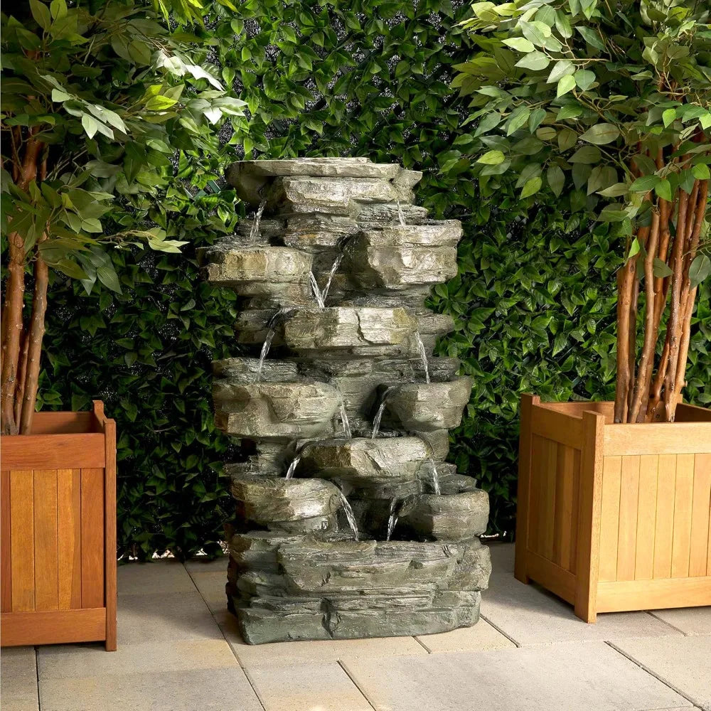 Outdoor Multitiered Cascading Rock Fountain With Led Lights