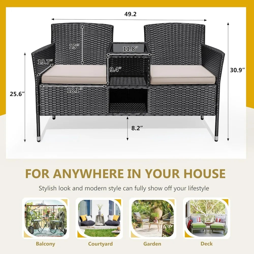 Outdoor Furniture Patio Loveseat Wicker 2 Seat with Built in Table and Cushions Rattan Porch Chairs Bench for Balcony Lawn Backyard Beige