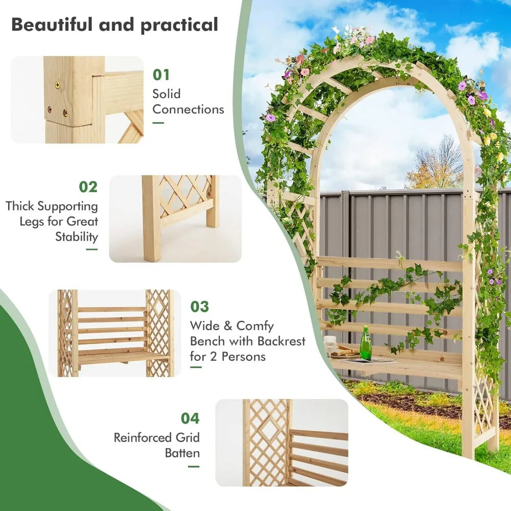 81 Inch Garden Arch with 2 Person Bench Wooden Arbor Trellis for Climbing Plants Outdoor Wedding Arch Patio Decor