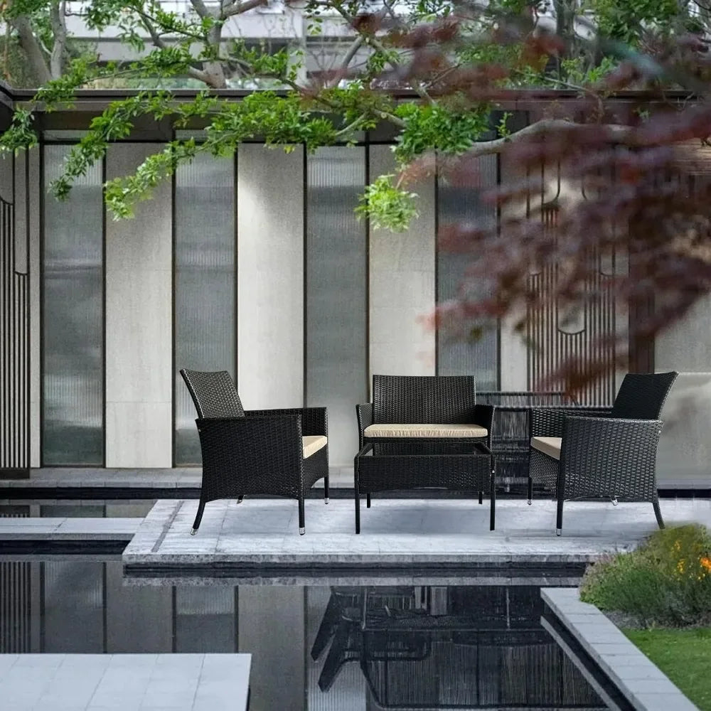 4 Piece Modern Patio Furniture Set Wicker Sofa Loveseat Armrest Chair and Rattan Side Table
