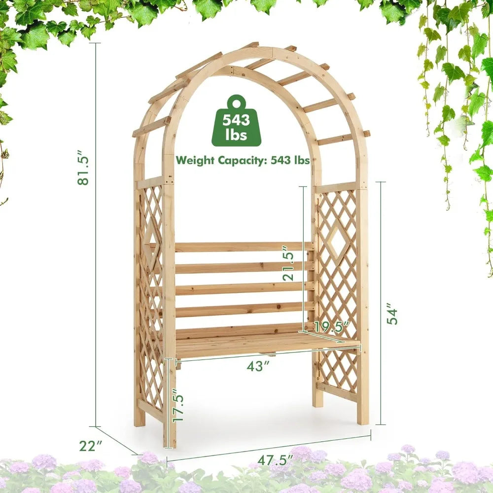 81 Inch Garden Arch with 2 Person Bench Wooden Arbor Trellis for Climbing Plants Outdoor Wedding Arch Patio Decor