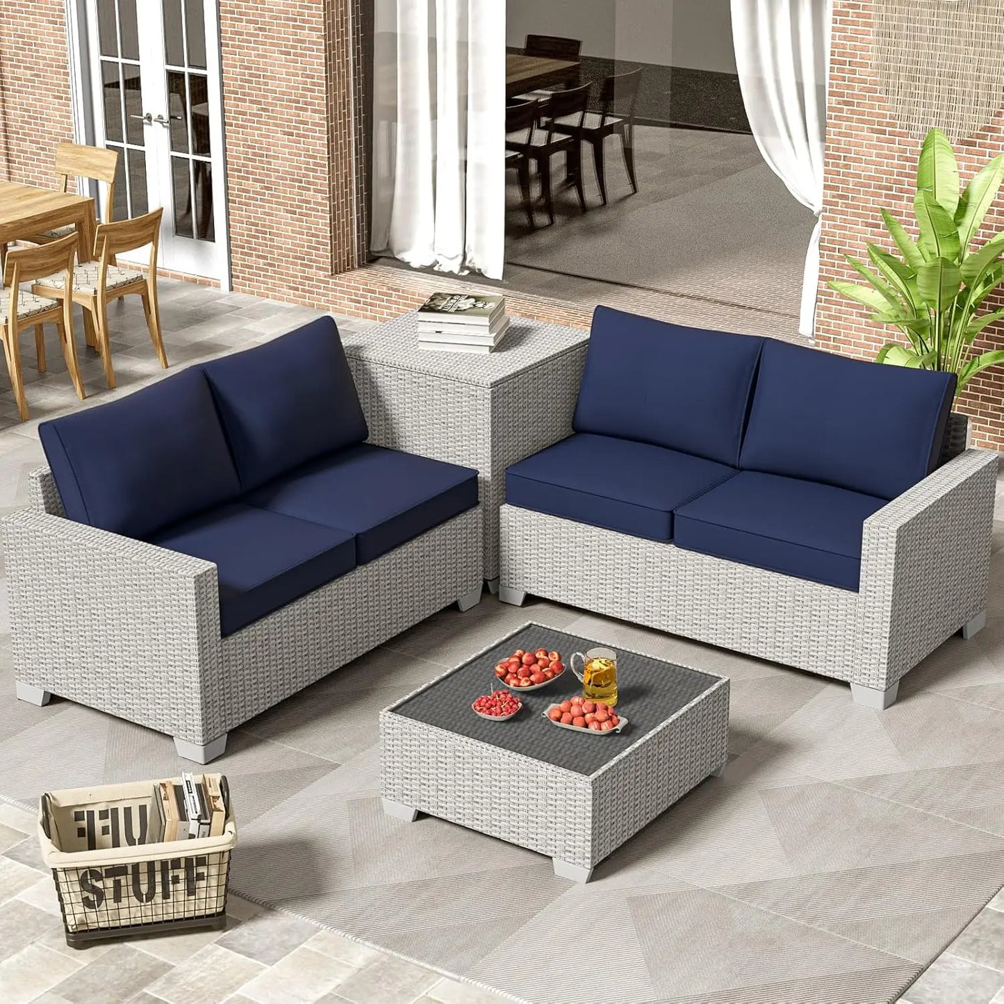 Patio Furniture Set 4 Piece Rattan With Glass Table Storage