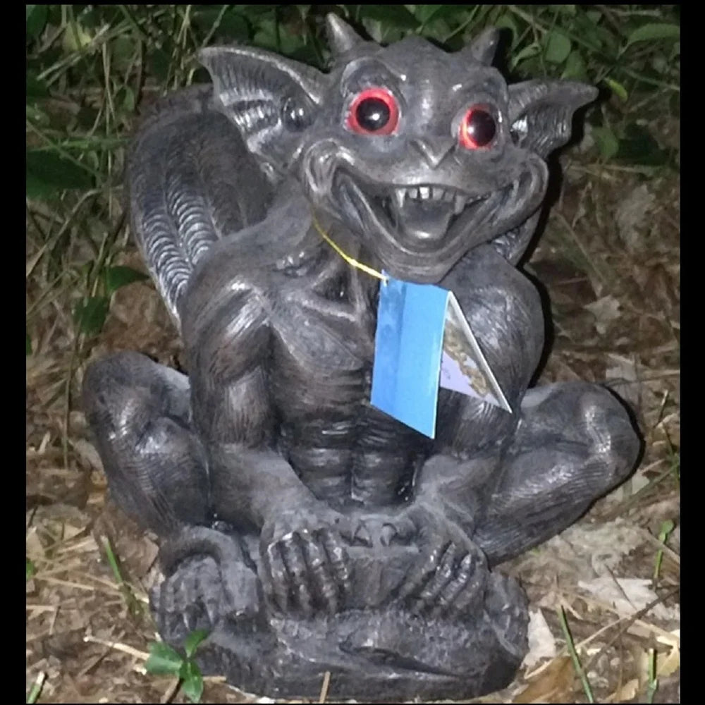 Gargoyle Statue with Solar Red Eyes Outdoor Decor Weatherproof Resin Garden Sculpture Collectible Family Piece