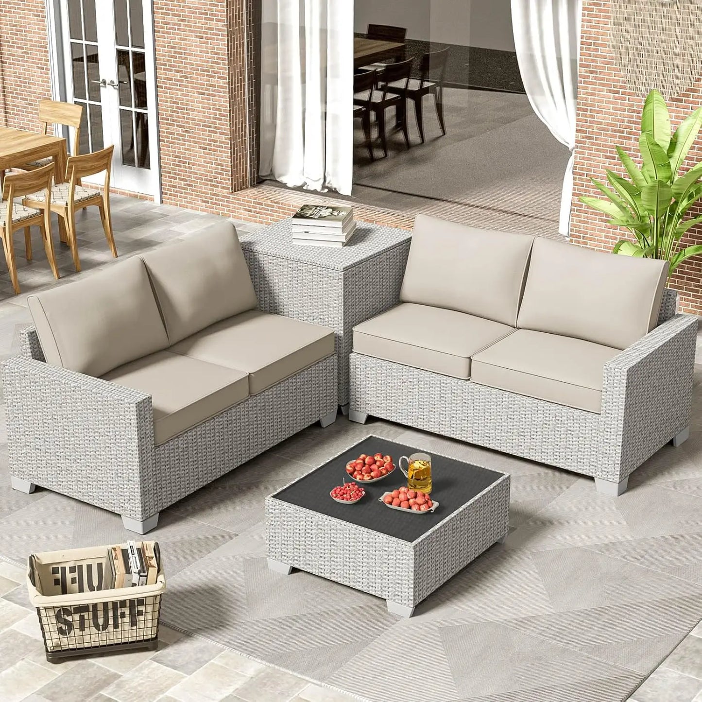 Patio Furniture Set 4 Piece Rattan With Glass Table Storage