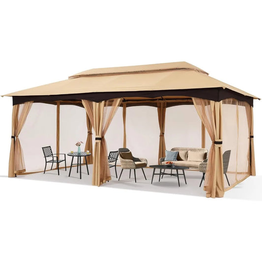 Outdoor Gazebo With Steel Frame And Netting Walls Beige