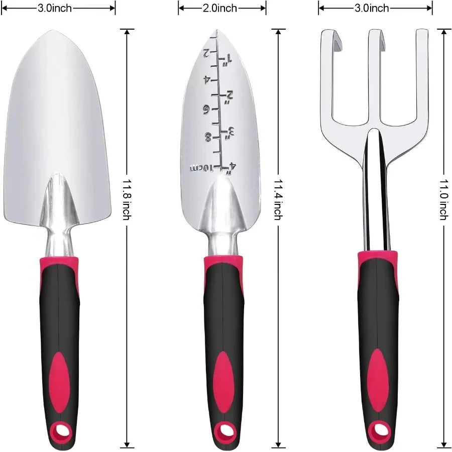 Garden Tool Set 3 Pieces Aluminum Heavy Gardening Kit Including Hand Shovel Transplant Shovel and Hand Rake with Soft Rubber No
