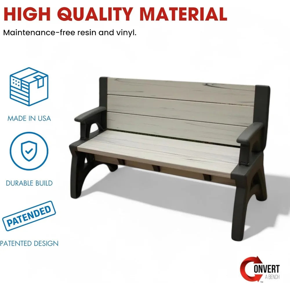 2 in 1 Outdoor Bench and Picnic Table Foldable Weather Resistant Seating for Patio Lawn Garden or Deck Durable Vinyl Construction
