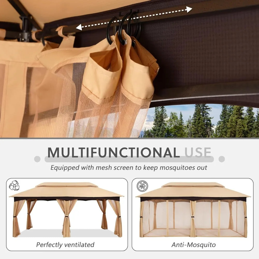 Outdoor Gazebo With Steel Frame And Netting Walls Beige