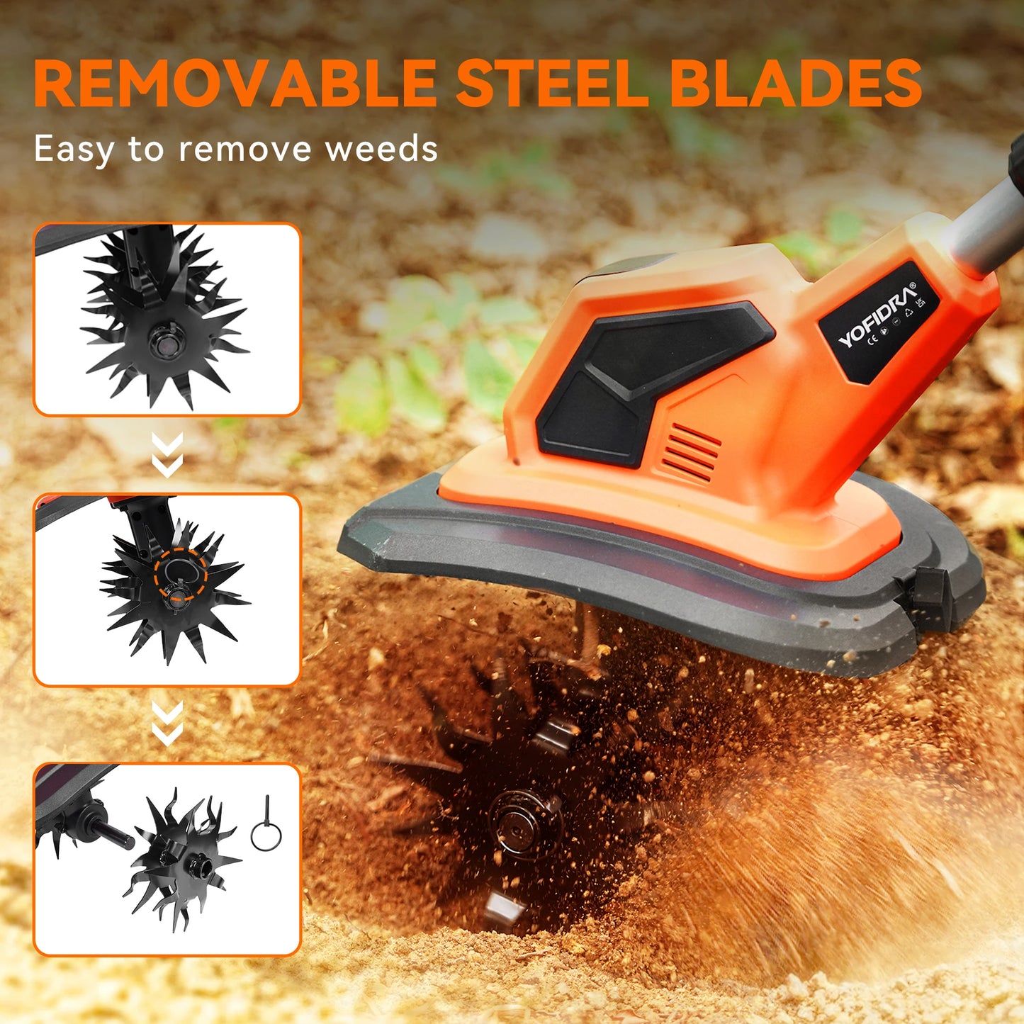 YOFIDRA Cordless Rotary Tiller Cultivator Garden Tool 21V