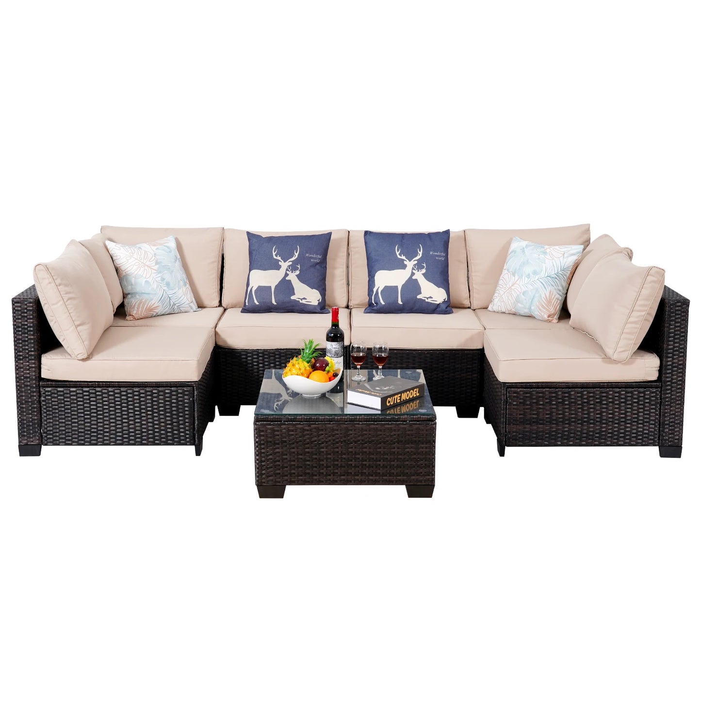 Naga Bahna 7 Piece Outdoor Patio Furniture Sectional Sofa PE Rattan Wicker Conversation Set with Thick Cushions