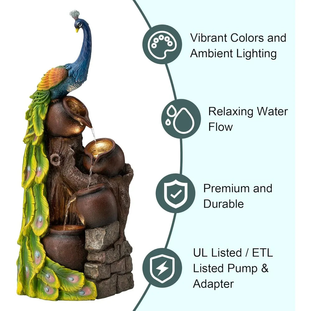 4-Tier Oversized Peacock Sculpture with Jars Outdoor Water Fountain with LED Light, Resin Peacock Statue Waterfall Fountain wit