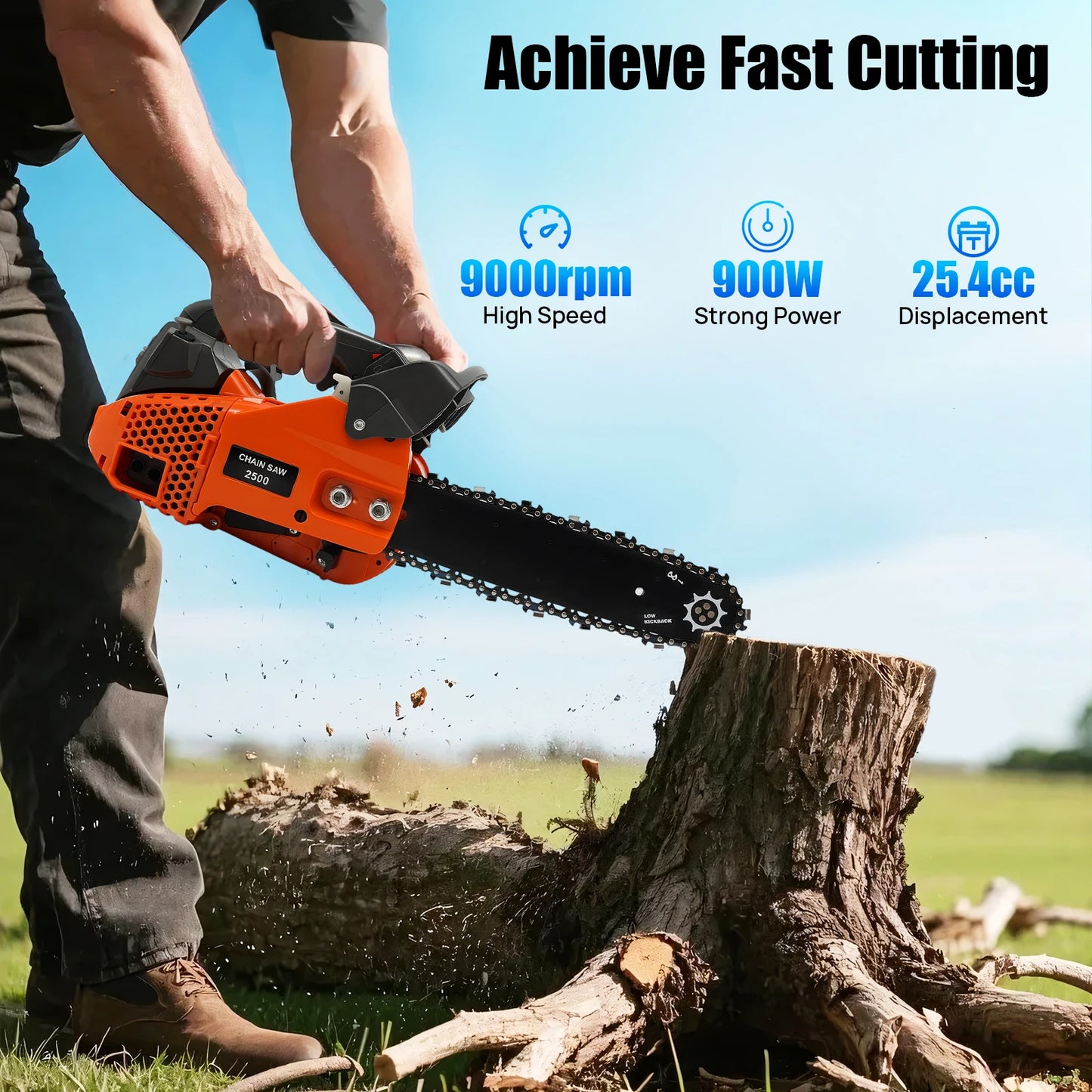900W Gasoline Chainsaw 25.4cc Top Handle 2 Stroke Engine With Guide Plate Cover
