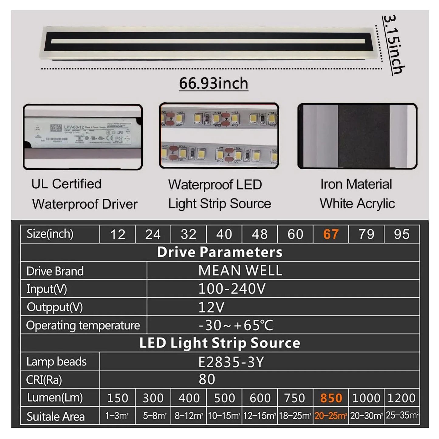 Outdoor Long Strip Frosted Acrylic LED Wall Sconce IP67