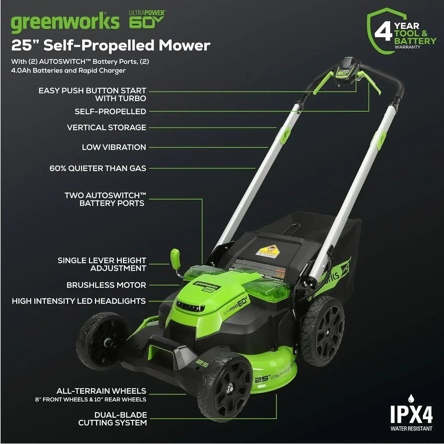 60V 25 Inch Cordless Self Propelled Lawn Mower LED Lights