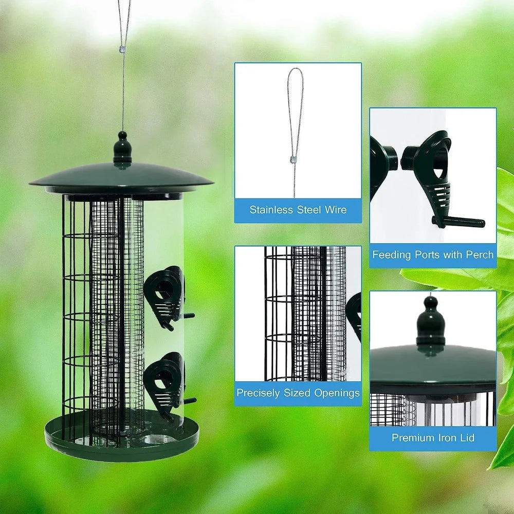 3-in-1 Metal Hanging Bird Feeder with 3 Feeding Ports Perches Bird Food Holder Weatherproof Tube Feeder Wild Birds Outdoor Use