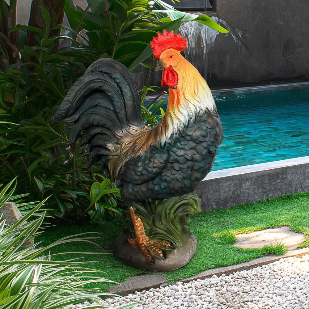 Concrete Rooster Statue Yard Chicken Decor Sculpture Patio Backyard Garden Durable GFRC 22.8 Inch Outdoor Decoration