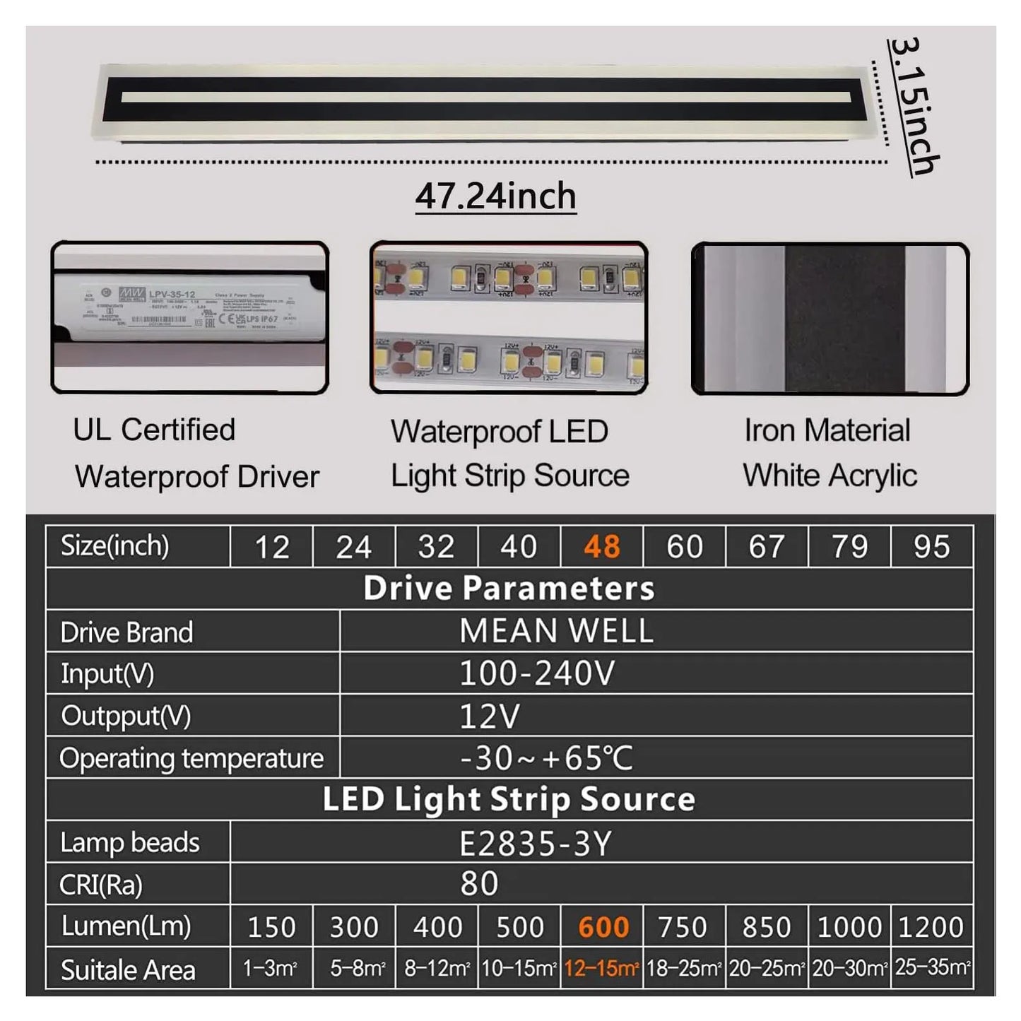Outdoor Long Strip Frosted Acrylic LED Wall Sconce IP67