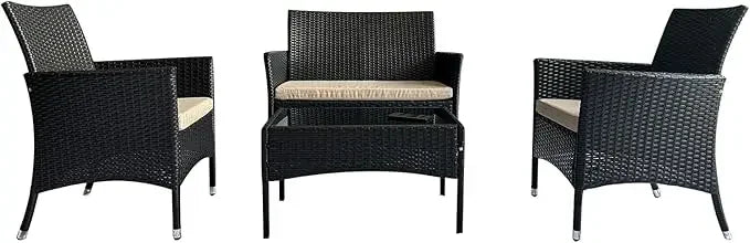 4 Piece Modern Patio Furniture Set Wicker Sofa Loveseat Armrest Chair and Rattan Side Table