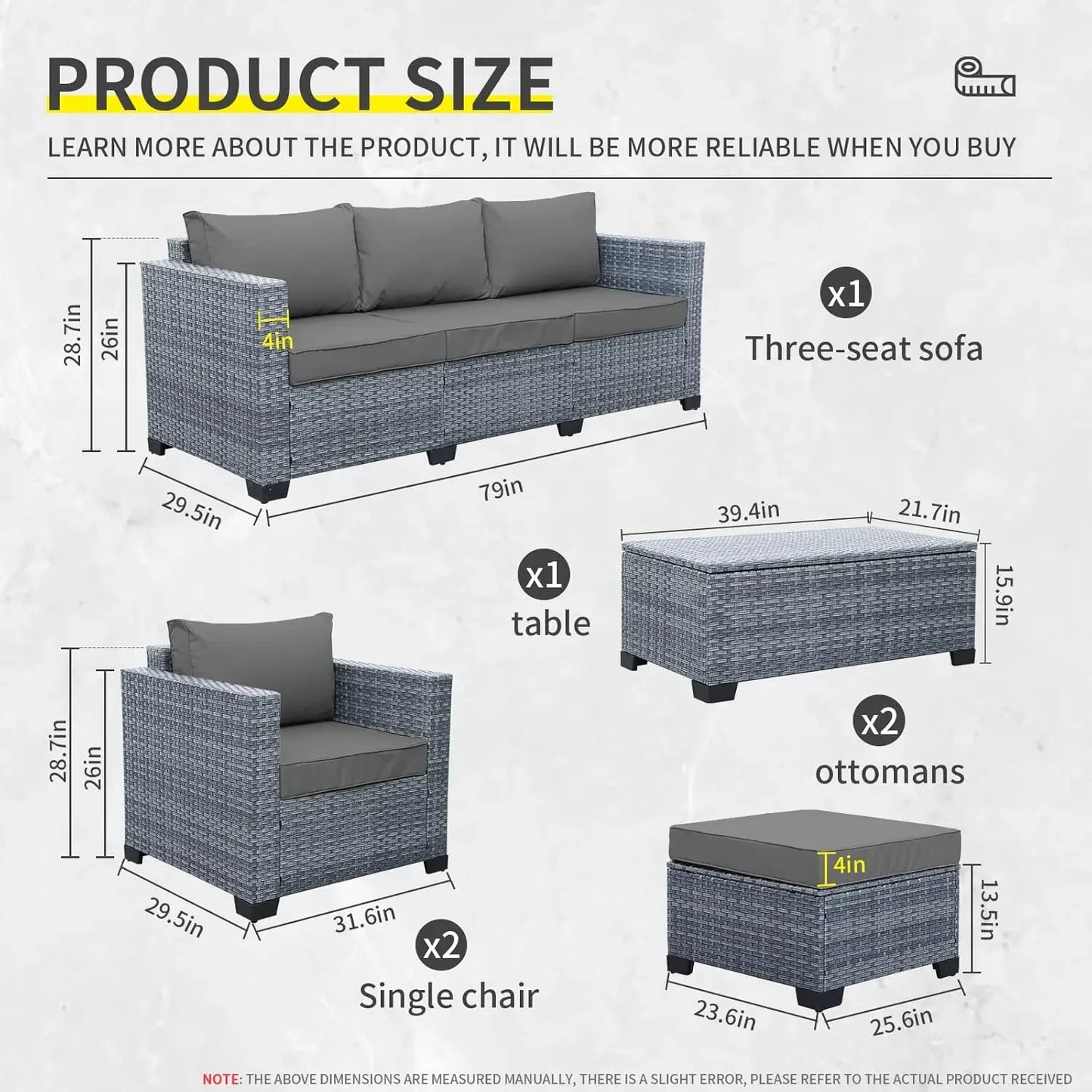 6 Pieces Wicker Patio Furniture Set Outdoor Conversation Set PE Rattan Sectional Sofa Couch with Storage Table and Grey Cushions