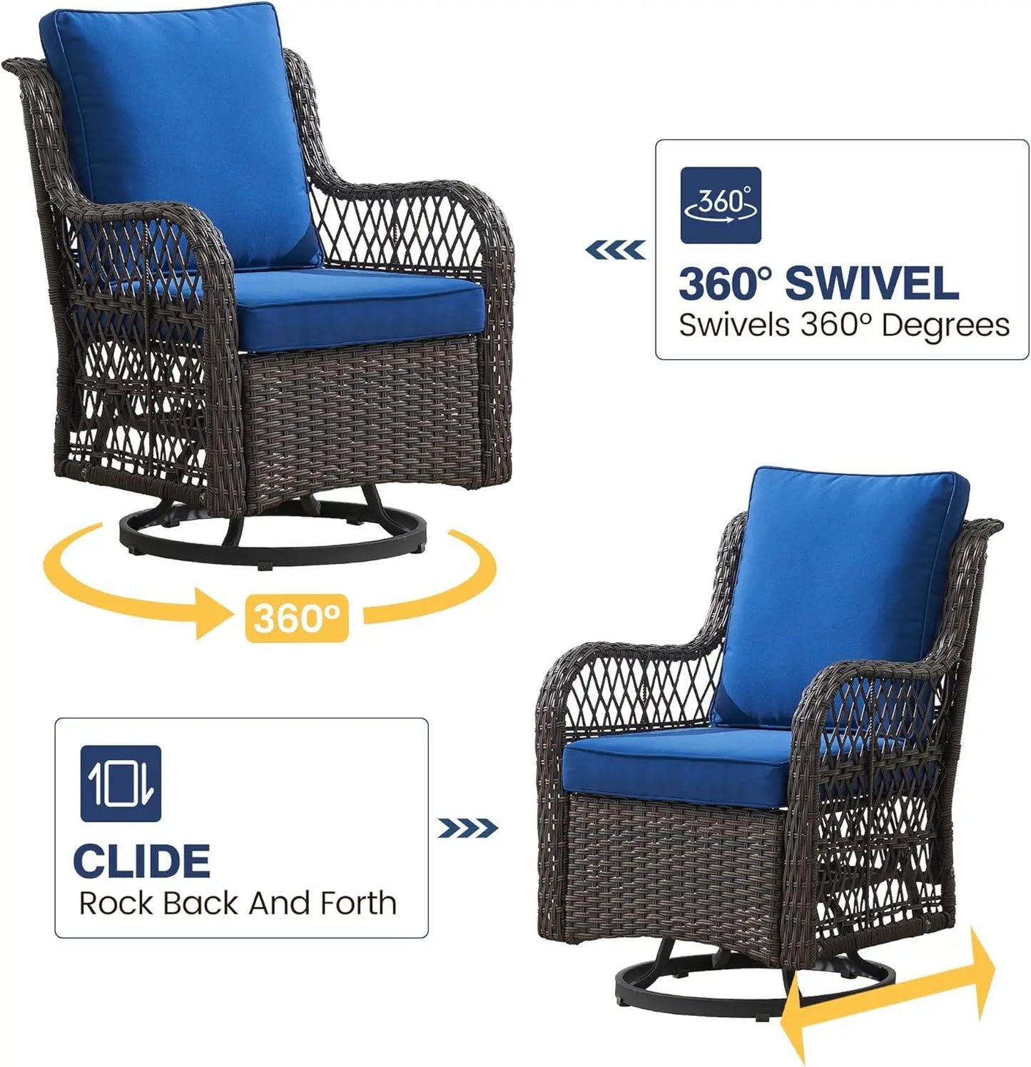 3 Piece Outdoor Patio Set Wicker Rocking Bistro Set with 2 Swivel Chairs and Tempered Glass Top Table Rattan Outdoor Furniture