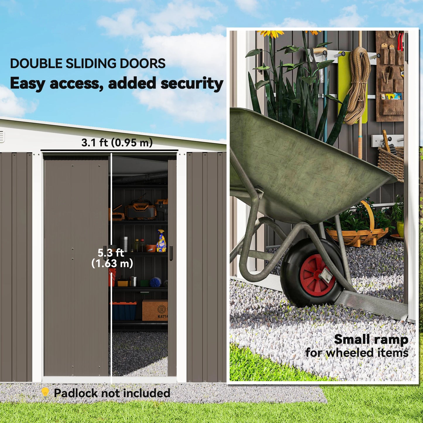 11x9 Ft Metal Outdoor Storage Shed With Lockable Doors Gray