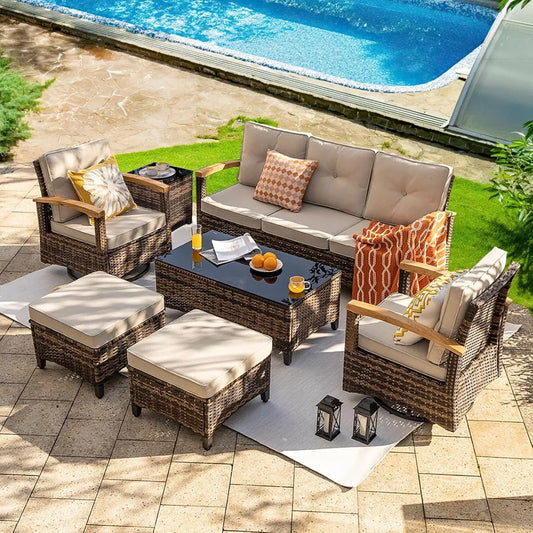 7 Pieces Patio Furniture Set PE Wicker Outdoor Conversation Set with 2 Swivel Rocker Chairs and Wood Armrests