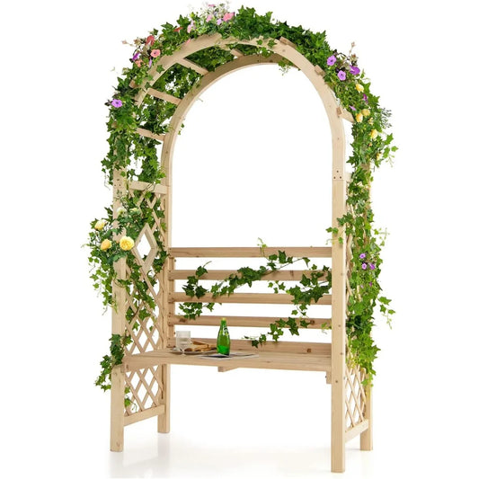 81 Inch Garden Arch with 2 Person Bench Wooden Arbor Trellis for Climbing Plants Outdoor Wedding Arch Patio Decor