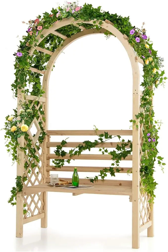 81 Inch Garden Arch with 2 Person Bench Wooden Arbor Trellis for Climbing Plants Outdoor Wedding Arch Patio Decor