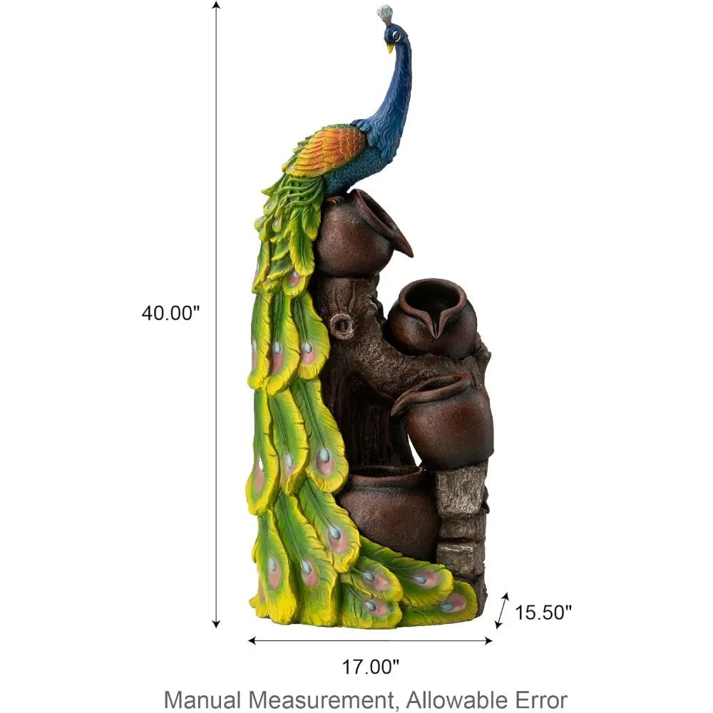 4-Tier Oversized Peacock Sculpture with Jars Outdoor Water Fountain with LED Light, Resin Peacock Statue Waterfall Fountain wit