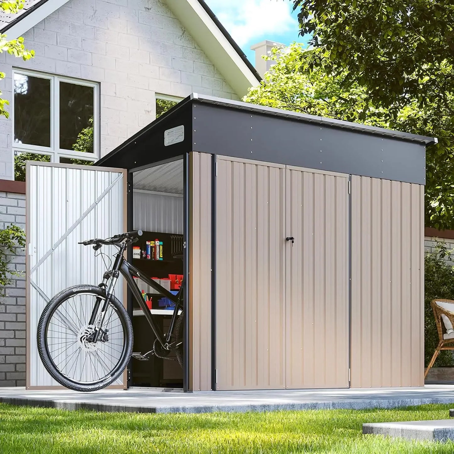 194 Cu Ft Shed 7.3x5.3 Ft Premium Galvanized Steel Storage Shed with Triple Doors Weatherproof Outdoor Utility Shed