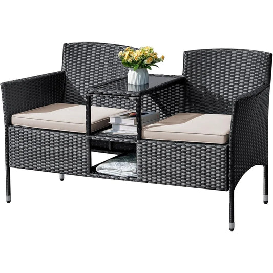 Outdoor Furniture Patio Loveseat Wicker 2 Seat with Built in Table and Cushions Rattan Porch Chairs Bench for Balcony Lawn Backyard Beige