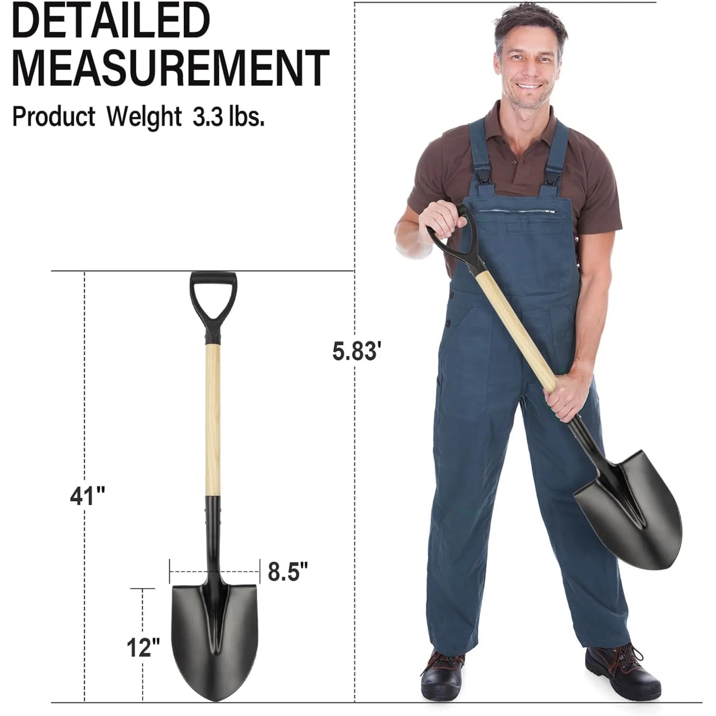 Round Garden Shovel with D Handle 41 Inches Wooden Handle Versatile Digging Tool