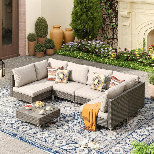 7 Piece Wicker Patio Set Sectional Sofa Glass Table