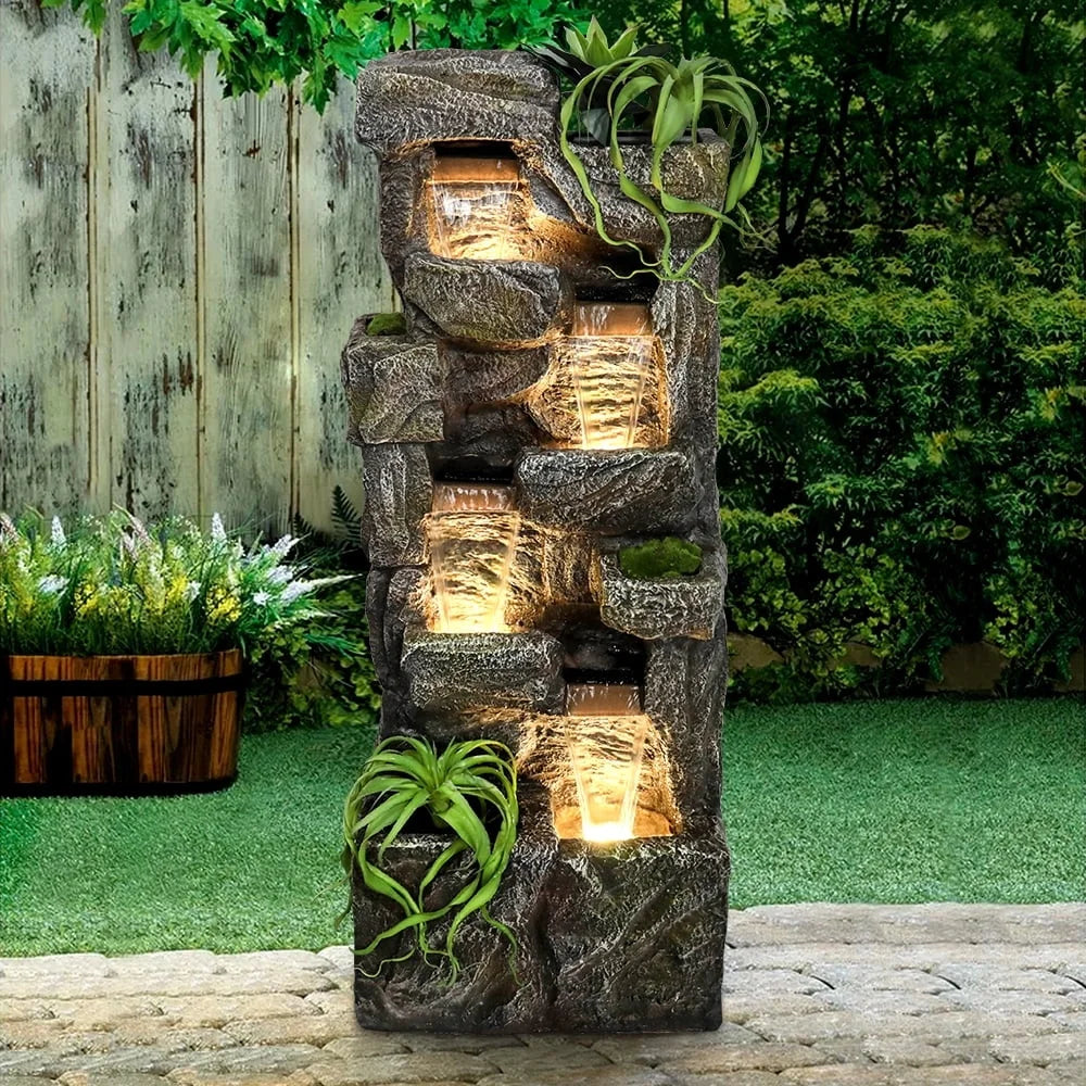 Outdoor Cascading Water Fountain 4 Tier Submersible Pump